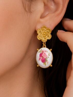 Vintage Pink Rose Porcelain Gold Floral Earrings